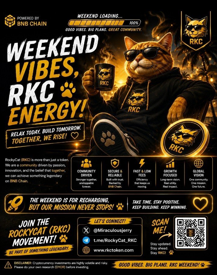 Miraculousjerry's tweet photo. 🎉🐱 Weekend is here… but the RockyCat (RKC) journey never sleeps! 🚀

While the world slows down, strong communities keep building.

This weekend is a reminder to recharge, connect, and stay focused on the bigger picture. Every conversation, every new supporter, and every shared idea helps strengthen the RockyCat (RKC) community.

✨ This weekend:
🐾 Stay connected with the community.
📢 Share the RKC vision.
🤝 Welcome someone new.
🚀 Keep building for the future.

The best communities aren't defined by one day—they're built through consistency.

Have an amazing weekend, RKC family! Let's make it one to remember.

CA:
0x860de30baf288efaefd90f2700358d26d4fc4444

#RockyCat #RKC #WeekendVibes #BNBChain #Crypto #Web3 #CryptoCommunity #BuildTogether #StayFocused #DYOR