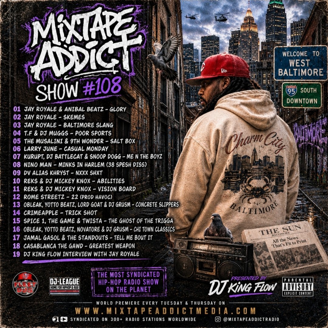DJKingFlow's tweet photo. ⏯️ M.A.S #108 with Jay Royale

Listen : https://t.co/LzQnan1Exh

Feat. DJ Muggs, 9th Wonder, The Musalini, Larry June, Nino Man, DV Alias Khryst, REKS, Spice 1, Casablanca The Gawd, Jamal Gasol, Obleak, Rome Streetz &amp; more 🔥🔥 https://t.co/WnbXdWz7B9