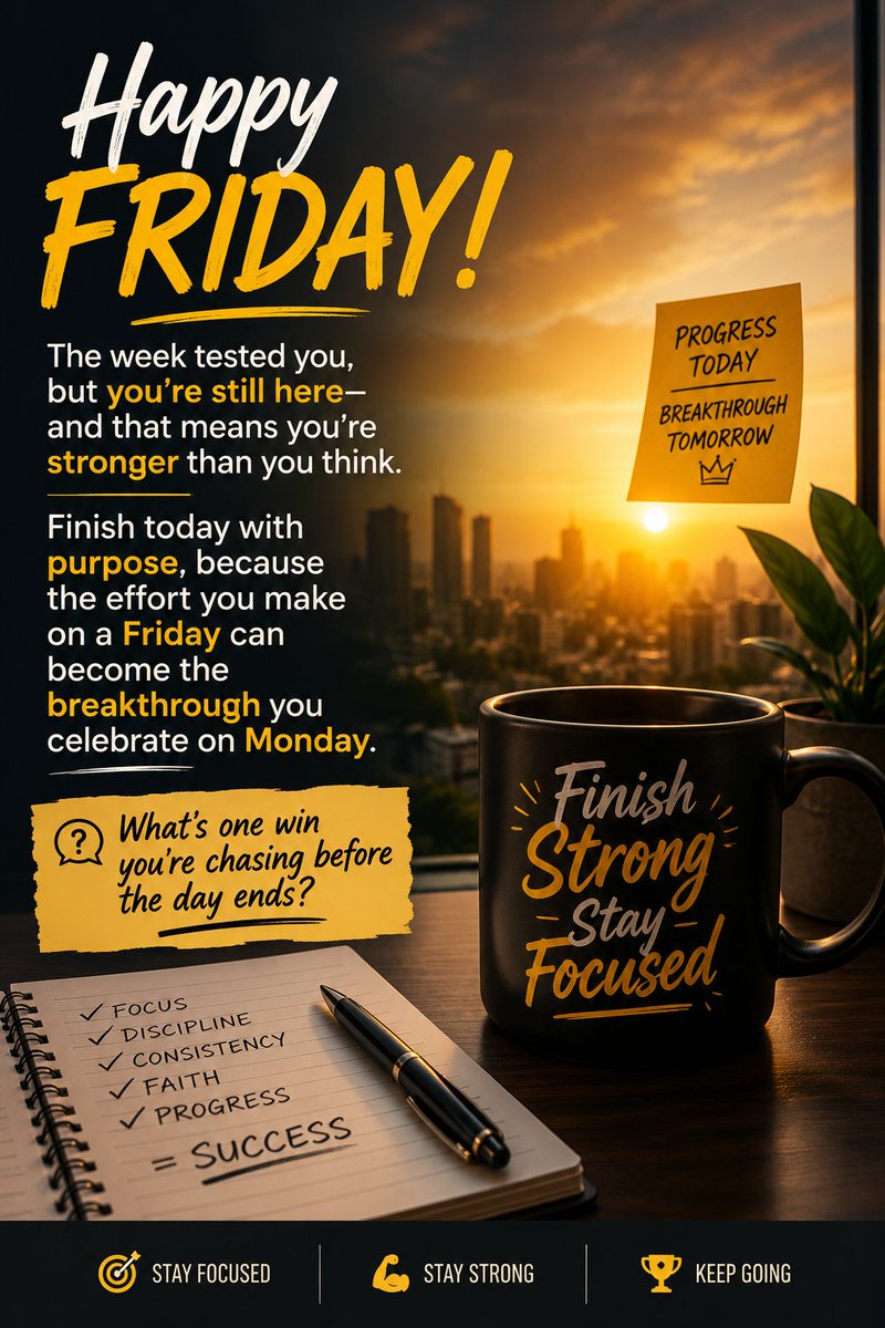 Chrisjpack's tweet photo. The week tested you, but you're still here— and that means you're stronger than you think...

Finish today with purpose, because the effort you make on a Friday can become the breakthrough you celebrate on Monday.

Tell me one win you're chasing before the day ends? 💪🔥 https://t.co/dAoJctdNum