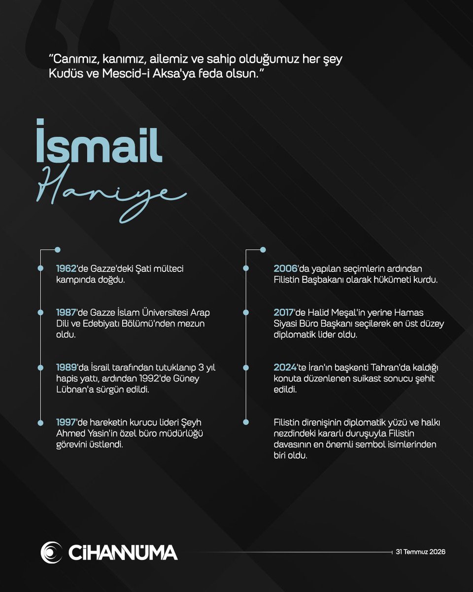 Cihannumader's tweet photo. Filistin davasının sembol isimlerinden, ömrünü özgürlük mücadelesine adayan İsmail Haniye’yi şehadetinin sene-i devriyesinde rahmet ve dua ile yâd ediyoruz. https://t.co/8uIIJlXuIP