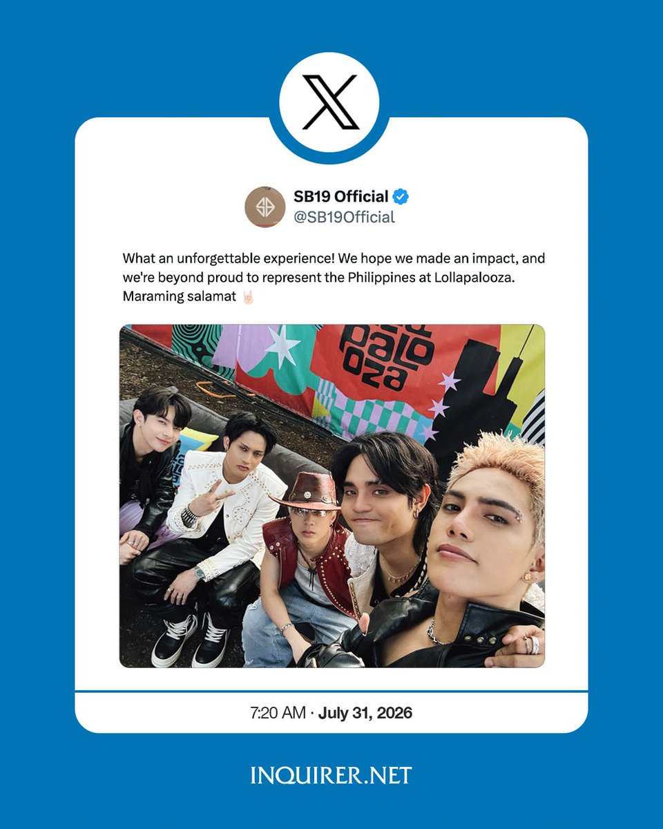 inquirerdotnet's tweet photo. UY, SB19! 🤘🏽

LOOK: P-Pop supergroup SB19 expressed pride and heartfelt gratitude to their supporters after their historic Lollapalooza performance in Chicago. | 📷: SB19/ X via Hazel Lo-ar, https://t.co/EDjVS4ZpUM trainee

READ MORE: https://t.co/Qa9dB3dvmR https://t.co/p9gXYgI2uj