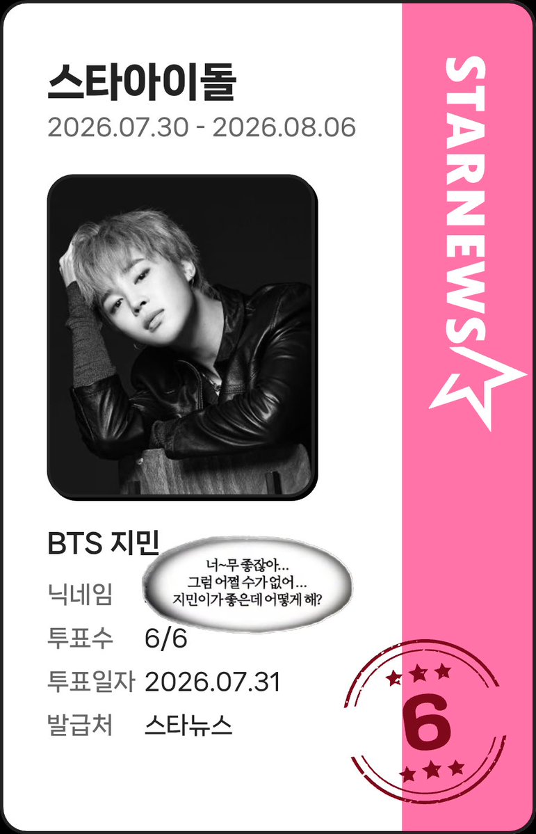 JJMK_5813's tweet photo. 스타랭킹 '지민' 에게 투표해주세요🫶
지민 현재 2위😱
지민의 249번째 1위를 지켜주세요.
모든 계정👌
https://t.co/cTD4ytxdOA https://t.co/2DBIdC6lbJ