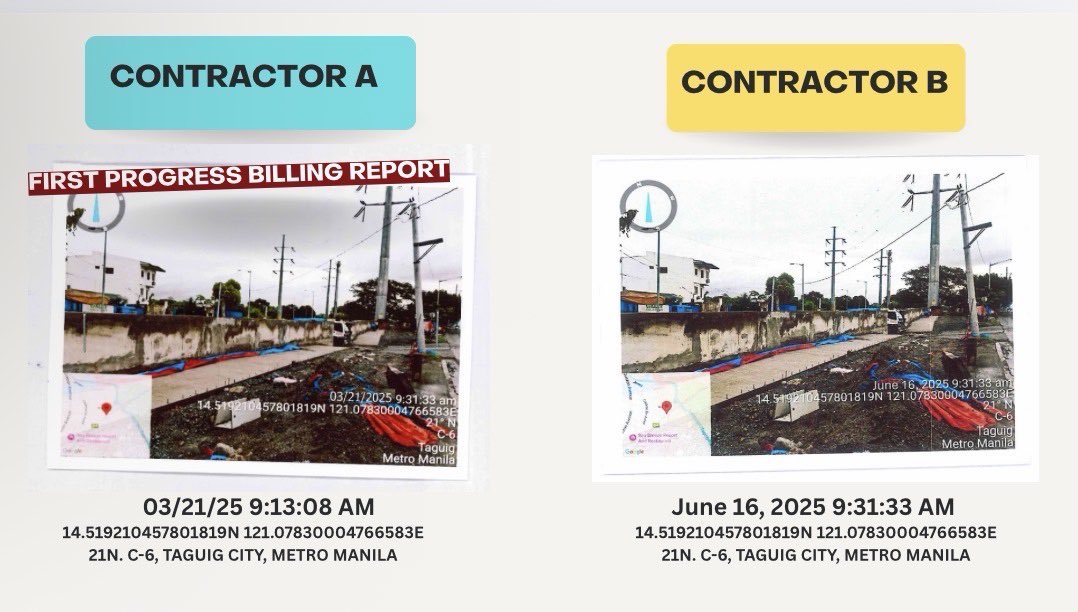 jesusfalcis's tweet photo. 🚨 TAGUIG-CAYETANO FLOOD CONTROL EXPOSED

Omg nilabas na ni Senator Ping Lacson ang ilang patikim or preview na evidensya na meron siya about the flood control scam in Taguig City ng mga Cayetano.

In one example, may four contractors of different projects using the SAME PICTURE.

In another example, two contractors for different projects used the EXACT SAME PICTURE to collect progress billing.

And ang pasabog ni Senator Ping: virtually controlled ni Alan Peter Cayetano ang lahat ng nangyayari sa Taguig.

OMG diktador yan?! 🙀

😂

#Accountability
#FloodControlScam