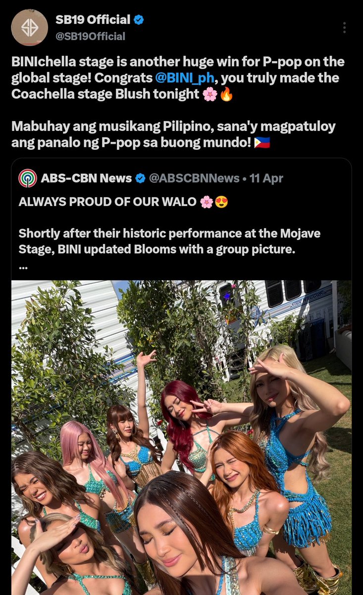 _justjhoaiah2's tweet photo. People keep trying to create a rivalry that never existed. SB19 and BINI have always shown respect and support for one another. They were never meant to compete against each other. Every milestone either group achieves is not just a win for them, but a win for every Filipino and for the entire PPOP and OPM community.

As they continue making history on the global stage, they prove that artists don't need to bring each other down to succeed. Imagine how much more PPOP can achieve if both fandoms stand united instead of divided. This has always been bigger than fan wars, it's about bringing Filipino music to the world together.

BINICHELLA and EABIPALOOZA are done, now we can't wait for SBINI19SONIC. Here's to even more global stages, more milestones, and more reasons to be proud of Filipino music. 🇵🇭 #SB19 #BINI