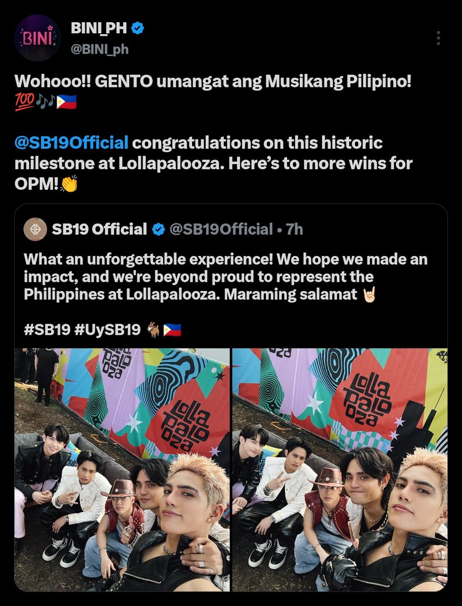 _justjhoaiah2's tweet photo. People keep trying to create a rivalry that never existed. SB19 and BINI have always shown respect and support for one another. They were never meant to compete against each other. Every milestone either group achieves is not just a win for them, but a win for every Filipino and for the entire PPOP and OPM community.

As they continue making history on the global stage, they prove that artists don't need to bring each other down to succeed. Imagine how much more PPOP can achieve if both fandoms stand united instead of divided. This has always been bigger than fan wars, it's about bringing Filipino music to the world together.

BINICHELLA and EABIPALOOZA are done, now we can't wait for SBINI19SONIC. Here's to even more global stages, more milestones, and more reasons to be proud of Filipino music. 🇵🇭 #SB19 #BINI