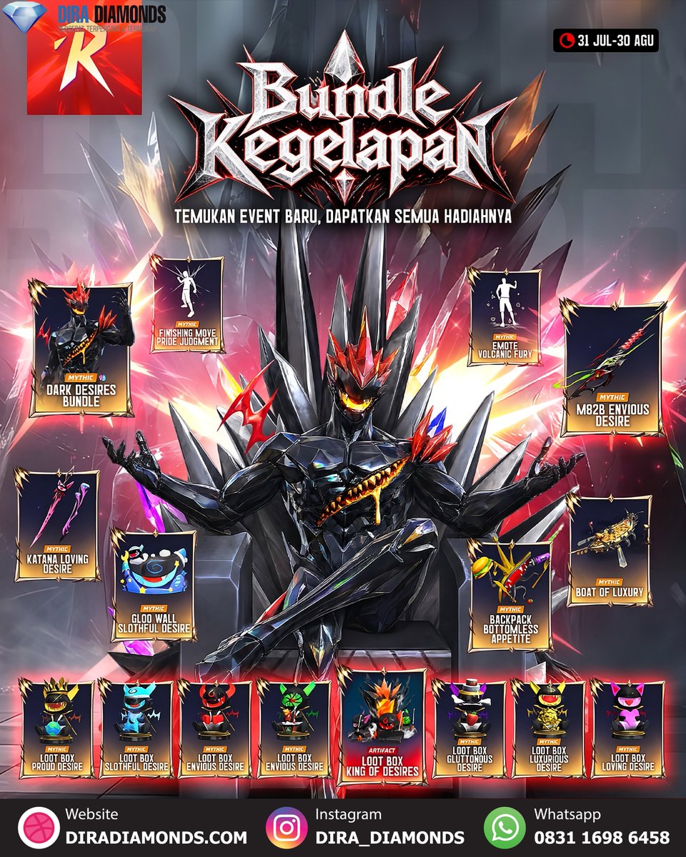 DickyIniBOSS's tweet photo. 🔥 BUNDLE KEGELAPAN FREE FIRE HASILNYA RILIS!

Koleksi jajaran item Mythic &amp; Artifact! Dark Desires Bundle, Katana, M82B, Emote Volcanic Fury &amp; Finishing Move! 💥

🗓️ Periode: 31 Juli - 30 Agustus 2026

#FreeFire #BundleKegelapan #FFIndo #DiraDiamonds https://t.co/rYrNqwd26e
