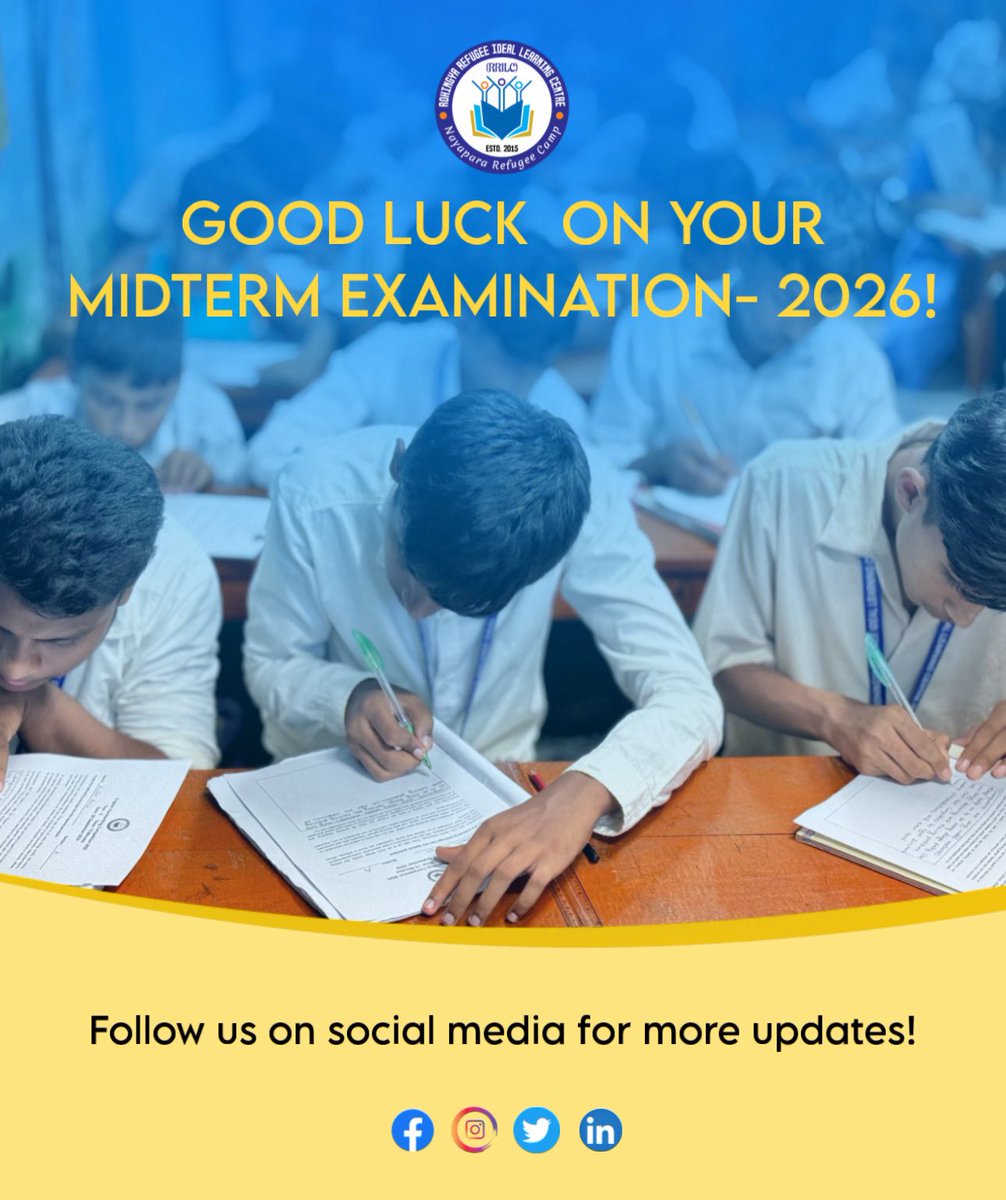 rrilc2015's tweet photo. 📚 Mid-Term Examination 2026!

As our students begin their mid-term examinations on 6 August 2026, we wish each of you the very best. May your hard work and preparation shine through in every exam. Stay calm, stay focused, and believe in yourself. https://t.co/AuW9V384mH