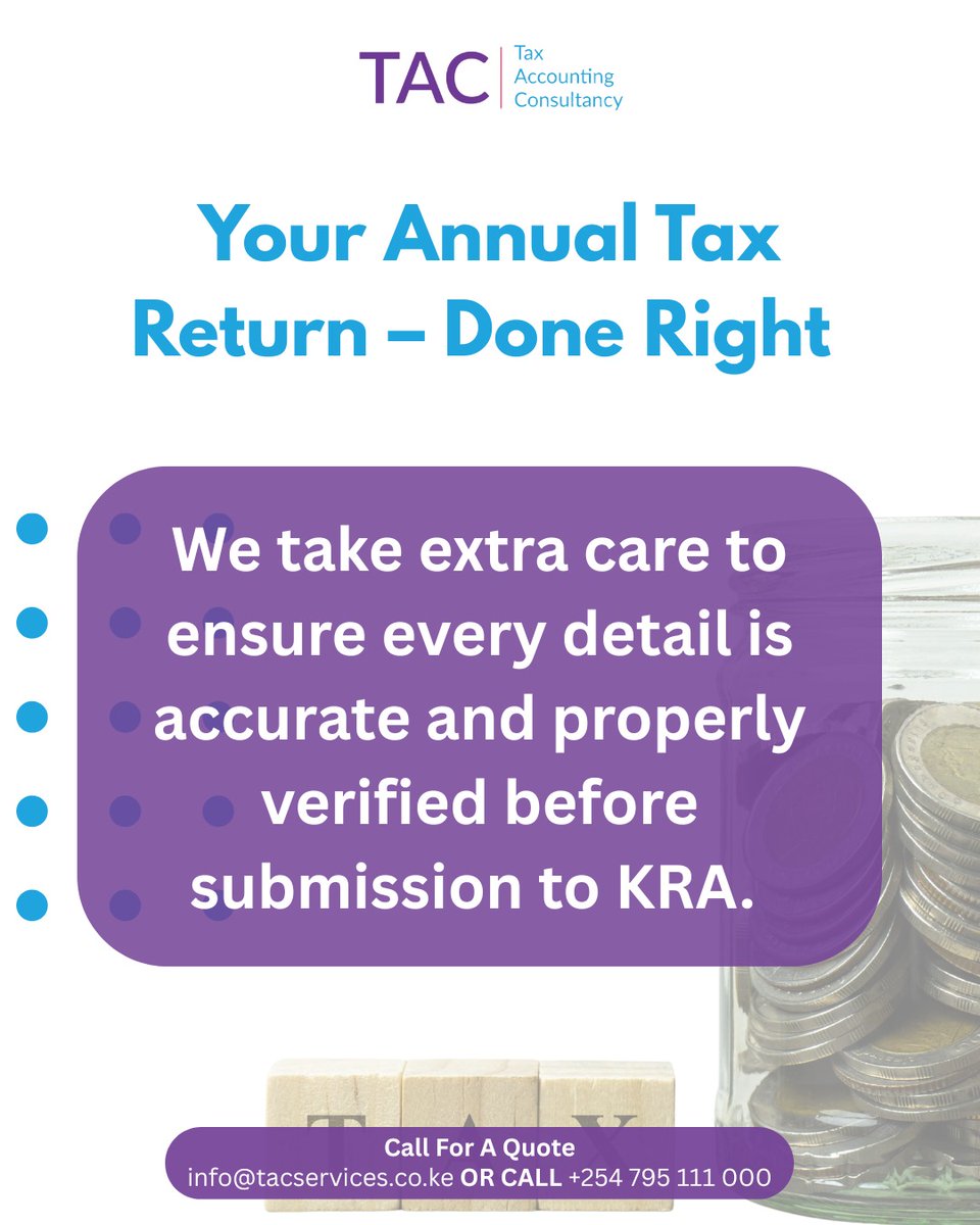 TACservicesKE's tweet photo. Tax filing made easy! 📌 Need help with your returns or any tax-related assistance? Reach out to TAC Professional Services today. We're here to help you stay compliant and stress-free.
☎Contact us today: +254 795 111 000 or info@tacservices.co.ke. https://t.co/eT0PK6dJJk