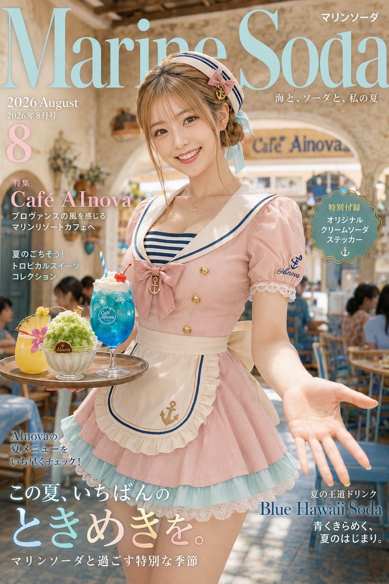Sgt_Salts's tweet photo. マリンソーダカフェで、
この夏いちばんのときめきを🥤🍧🍹
#AInova #MAInova SFW Illustration https://t.co/wh68Qib15T