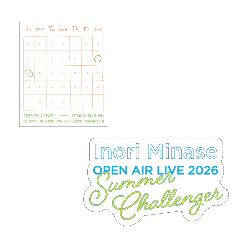 inoriminase's tweet photo. Inori Minase 
OPEN AIR LIVE 2026
Summer Challenger ☀️⛰️
￣￣￣￣￣￣￣￣￣￣￣￣￣
☆グッズ紹介⑯☆

#水瀬いのりOPENAIRLIVE のグッズを
１つずつご紹介していきます🛍️⏬

◾ステッカーセット
¥600(税込)
SIZE：【カレンダー】約H65×W55mm
　　　【クリア】約H55×W90mm

TシャツAのBACKとお揃いのカレンダーデザインと、
夏らしいポップなロゴデザインの2枚セットです✨

🛒事前通販 - 8/16(日)まで
https://t.co/pBeORr8F1C

🔗特設サイト
https://t.co/ljcdXIFKIp

#水瀬いのり
(スタッフ)