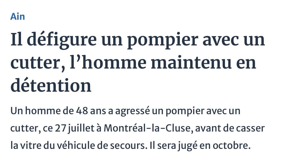DamienRieu's tweet photo. 100% de ceux qui ont fait un scandale national pour le chant débile “j’aime pas les arabes” des gamins de la Feria de Marboz ne diront pas un mot de compassion pour ce pompier défiguré au cutter par un Algérien dans le même département 48h plus tard. 

N’est-ce pas @Prefet01 ? https://t.co/K8f4s14O13