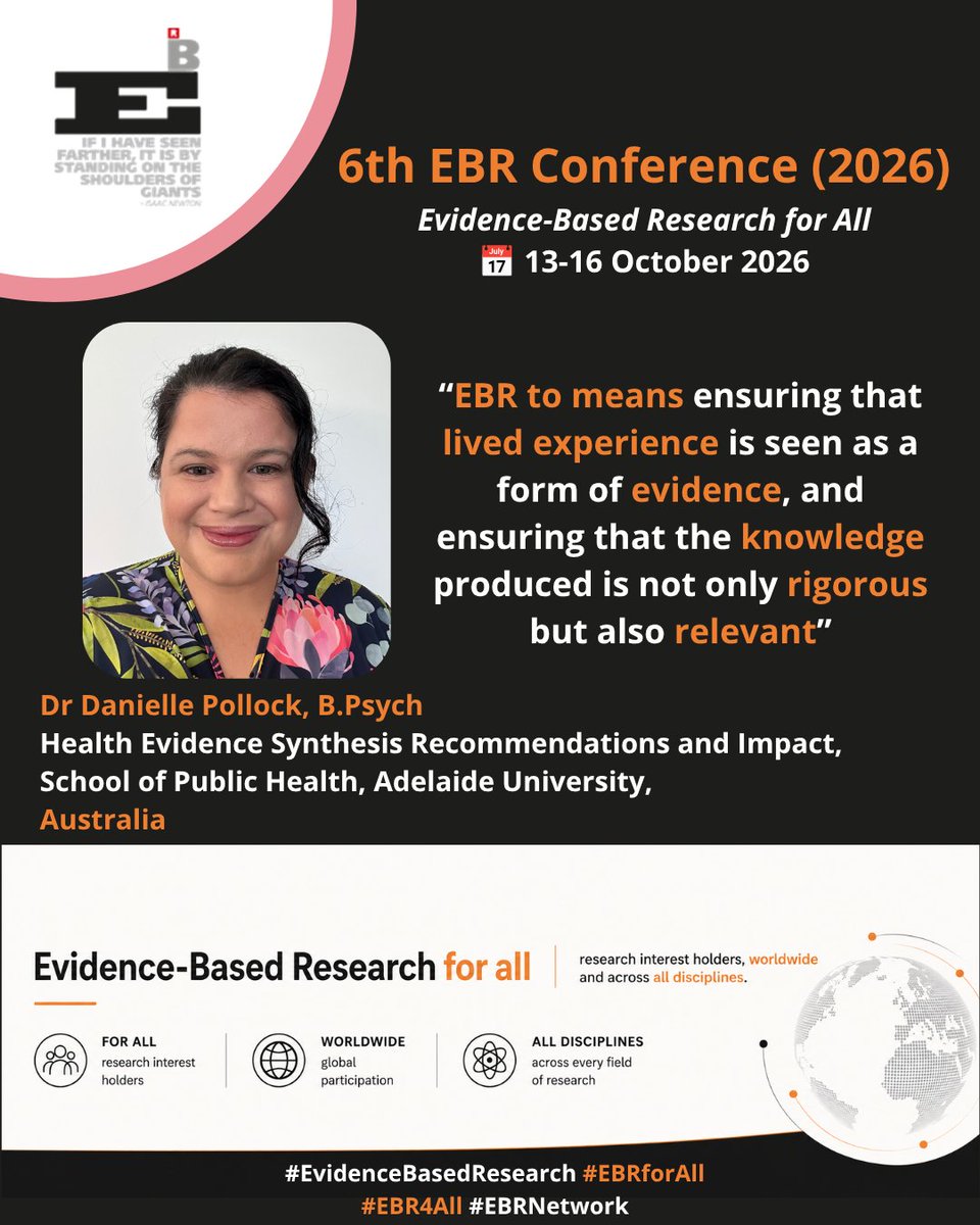 ebrnetwork's tweet photo. We're delighted to present @Daniellep89 (working at at @HESRI_UofA), member of the Scientific Committee of the 6th #EBRConference!

Join us at the 6th Evidence-Based Research Conference: 13–16 October 2026.

See you at the EBR Network: https://t.co/t9r0rtSa9d

#EBRforAll https://t.co/kQXKcRNmkt