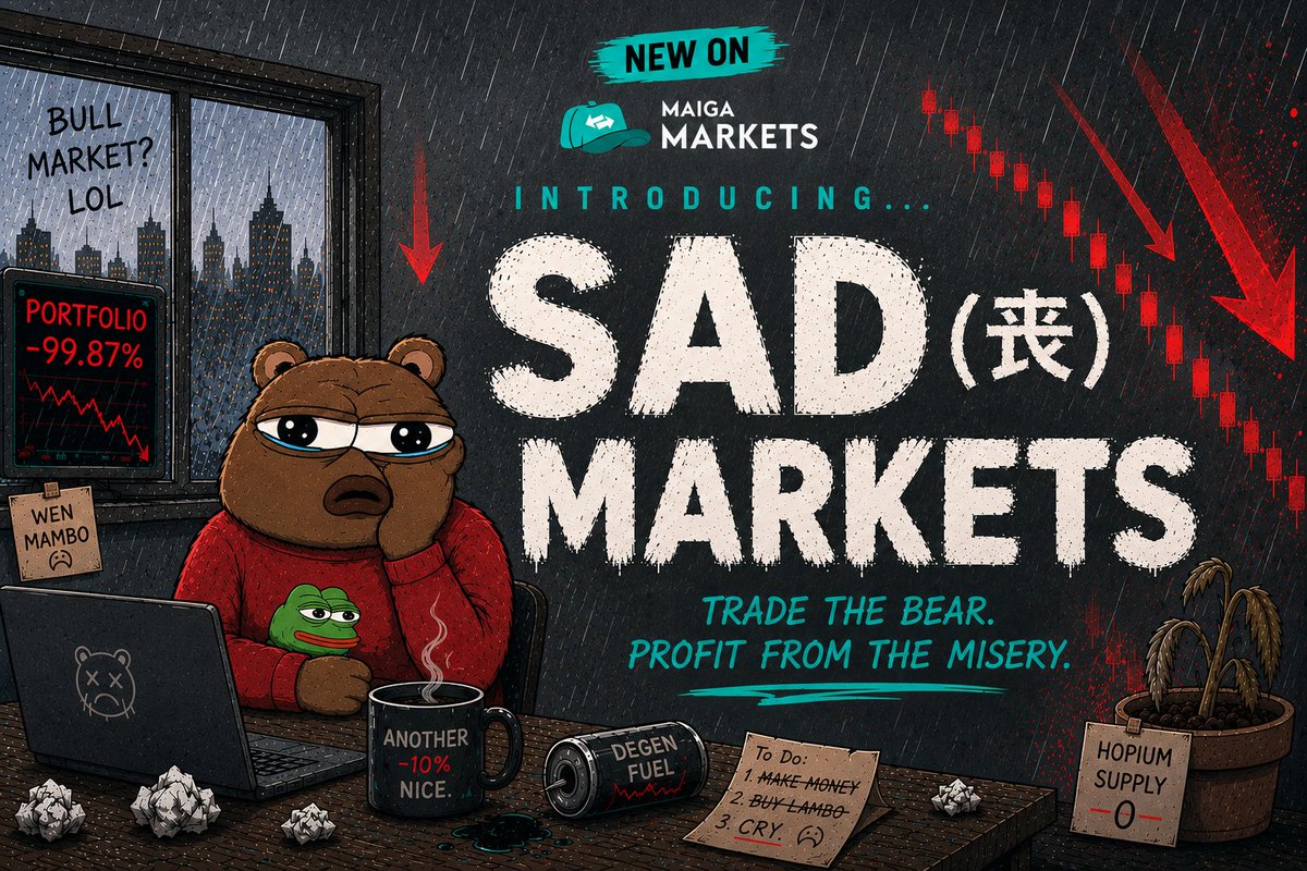 Fuyomarkets's tweet photo. Introducing: Sad Markets. 😔

60+ crypto projects sunsetted in 2026. CEXs shutting down. Bear market doing what bear markets do.

We figured... if the market's gonna be sad, you might as well trade the sadness.

Predict the next collapse. Embrace the sadness (丧), And rise from the ashes! 

More info: https://t.co/mr5jDlIw5C 

👉 https://t.co/Ay1JbL1rGm   

More campaigns coming up for the sad traders! Stay tuned! 

#SadMarkets #MaigaMarkets #BearMarket