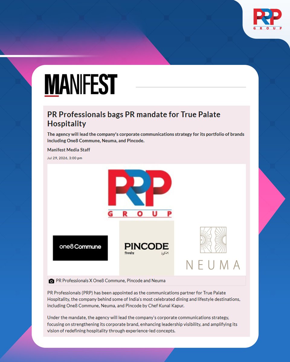 prprofessional7's tweet photo. Our Lifestyle & Food & Beverage (F&B) portfolio just got a whole lot more flavourful!
Today, we're excited to add a new signature dish to PR Professionals' menu of partnerships
@e4mtweets | @Social_Samosa | @medianews4u | @manifestmediain | @MediaInfoline
#PRProfessionals https://t.co/mcbjz1fgkF