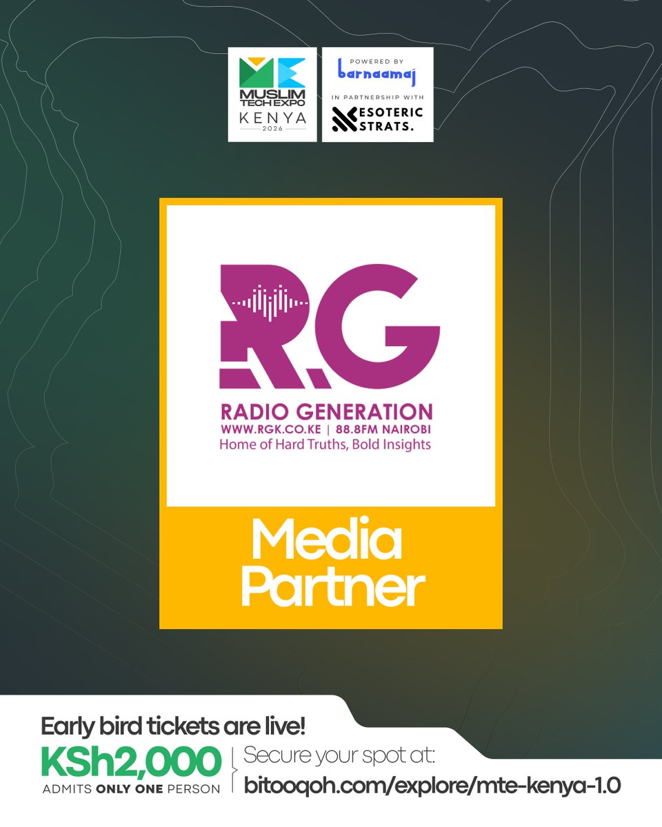 mtekenya_'s tweet photo. 🚨 New Media Partner!

We're excited to welcome Radio Generation (RG 88.8 FM) @RadioGenKe  an Official Media Partner for Muslim Tech Expo Kenya 2026.

📅 21 Nov 2026 | 📍The Edge Convention Centre.
#MTE2026 #MuslimTechExpoKE
@muslimtechexpo.. https://t.co/zD9nwbsrSD
