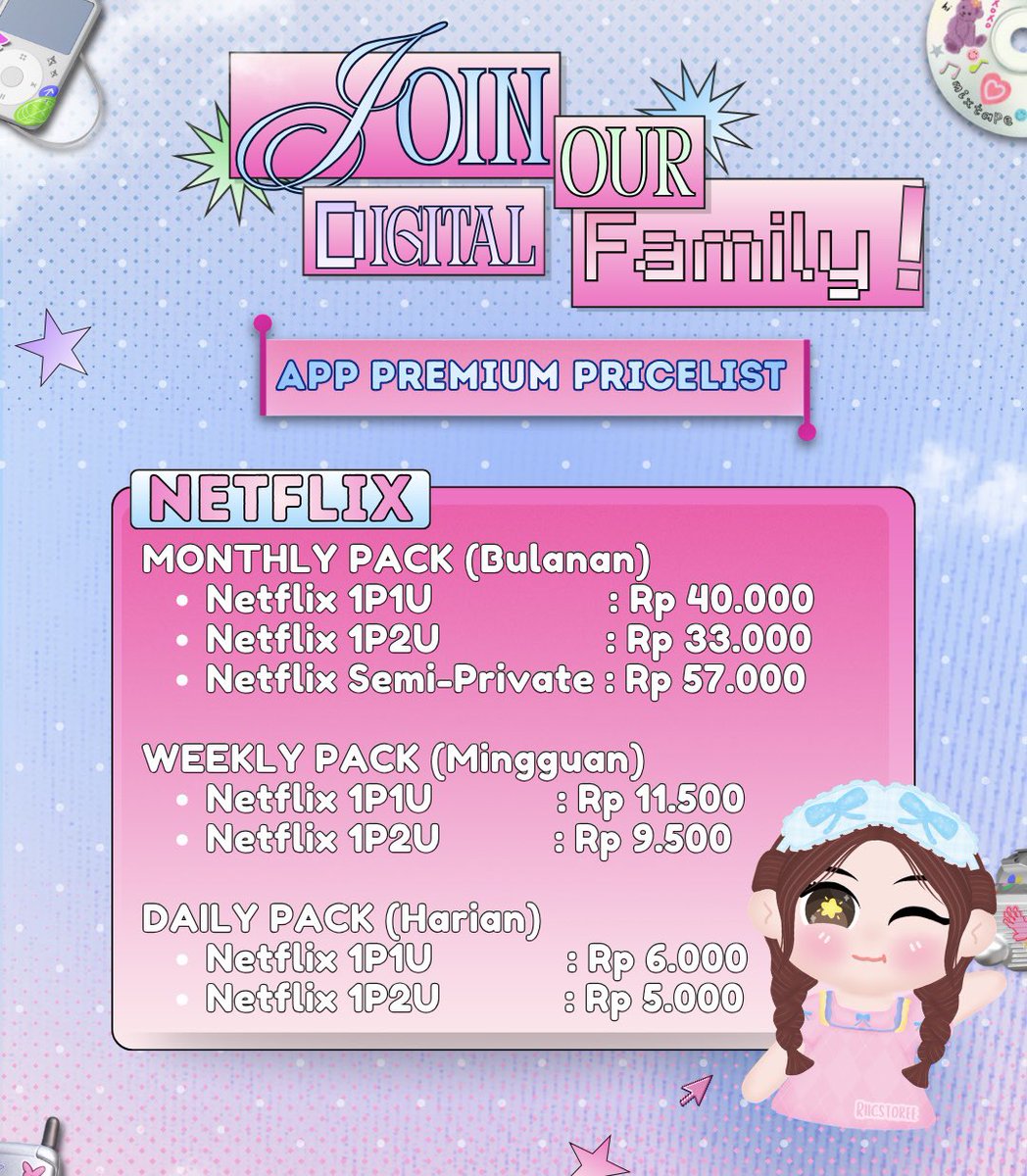 Riistoree__'s tweet photo. 🩰 ֹ ִ ☁️₊˚ app premium pricelist is ready, bestie!
Jangan biarkan weekend kamu hancur gara-gara layar 'Too Many People Using Your Account' pas lagi seru-serunya. Yuk amankan slot Netflix &amp; app lainnya yang full garansi di riicstoree 🎟️🤍

#zonauangㅤ https://t.co/fLPAcqwCW5