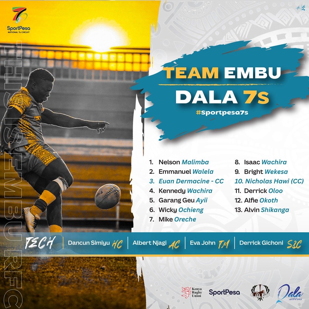 EmbuDragons's tweet photo. The squad is locked in and ready to ignite Kisumu at the #Dala7s
Here is how Team Embu RFC lines up for the weekend battle. Let’s go, Dragons.
#Dala7s | #Sportpesa7s | #Embu7s https://t.co/FkMUg2dFE9