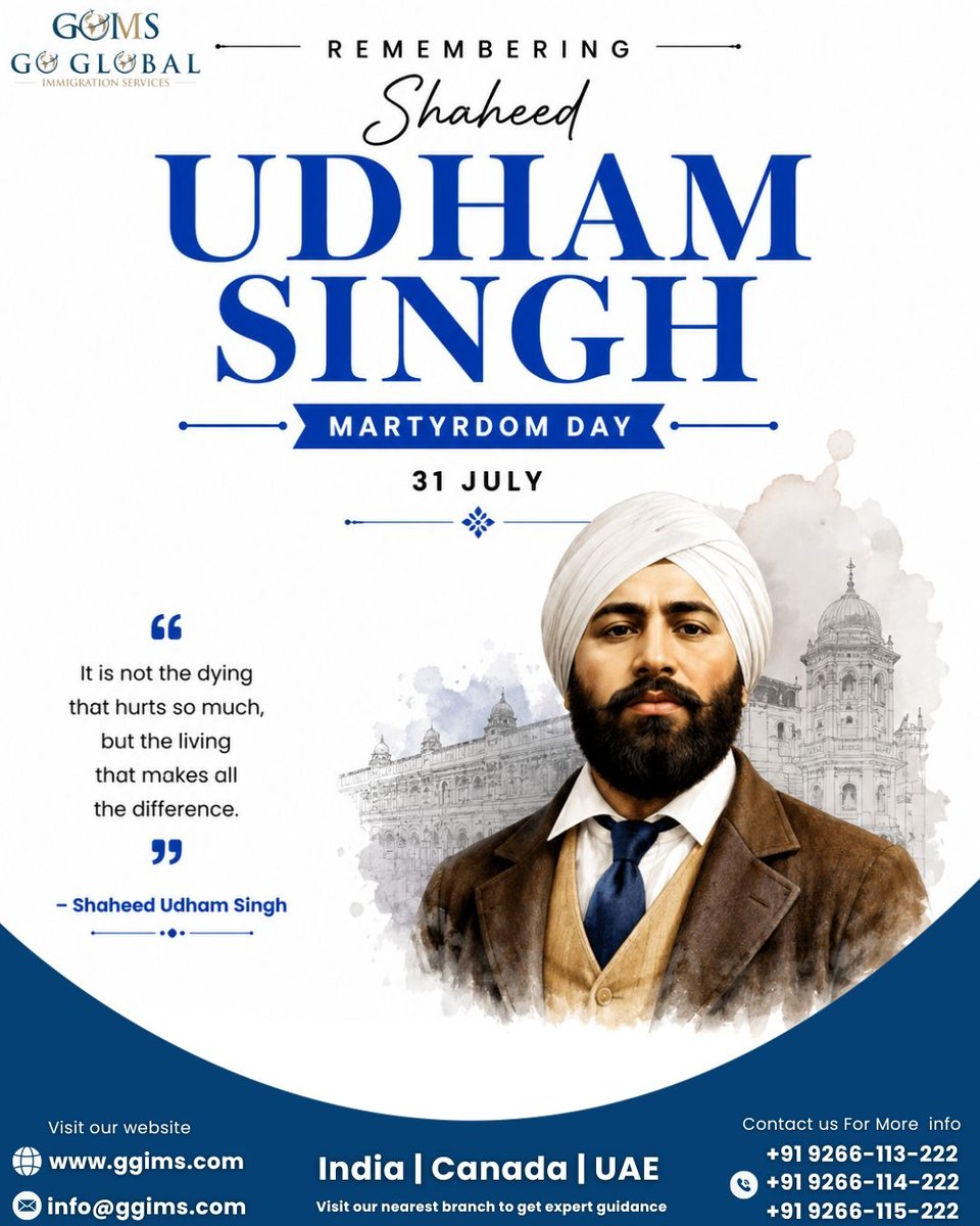 ggims882's tweet photo. Remembering the courage and sacrifice of Shaheed Udham Singh on his Martyrdom Day. 🇮🇳 His unwavering dedication to justice and freedom continues to inspire generations.
📞 +91 9266-113-222  🌐 https://t.co/463QJa3AoA
#ShaheedUdhamSingh #MartyrdomDay #GoGlobalImmigrationServices https://t.co/NJgoP5p0yW