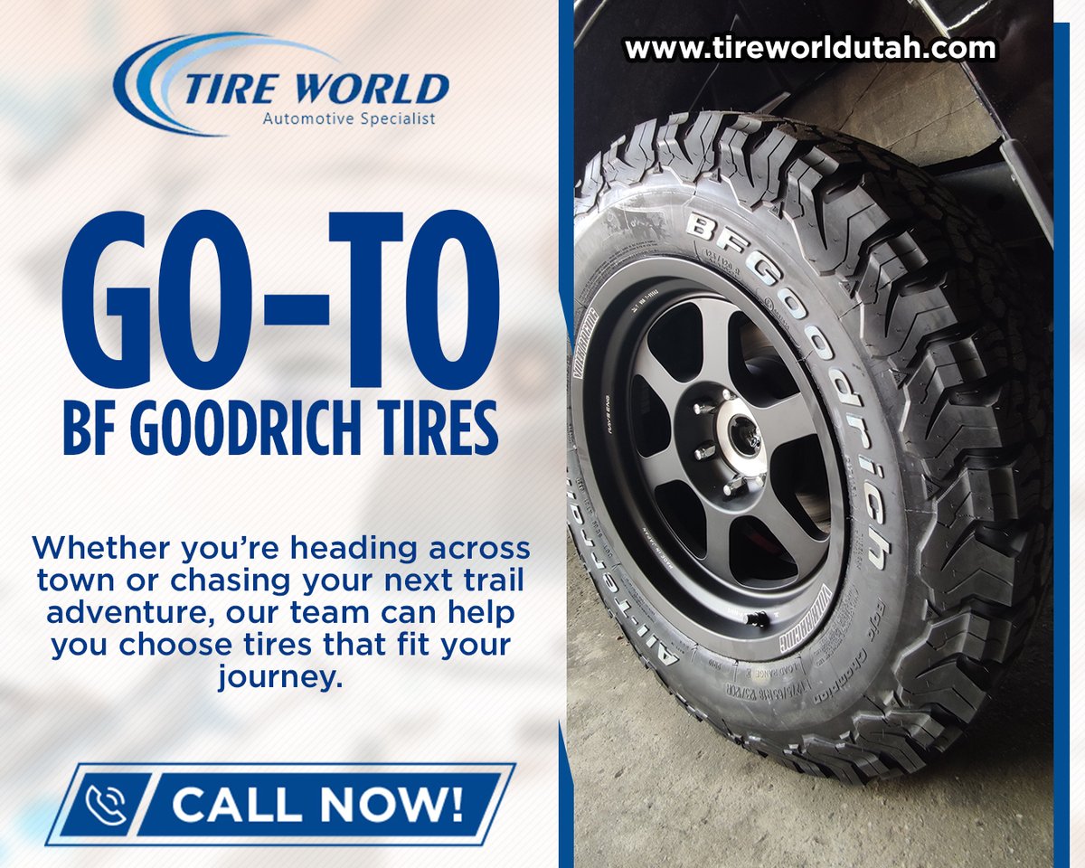 TireWorldSLC's tweet photo. 🚙 Ready for your next adventure? Tire World helps drivers find the right BF Goodrich tires for daily driving, trucks, SUVs, and off-road builds. Explore BF Goodrich tires options today and get the traction your journey deserves. 🛞🔥

🌐 https://t.co/aXPy2nqcLd

#BFGoodrichTires https://t.co/zlsRMlDXRG