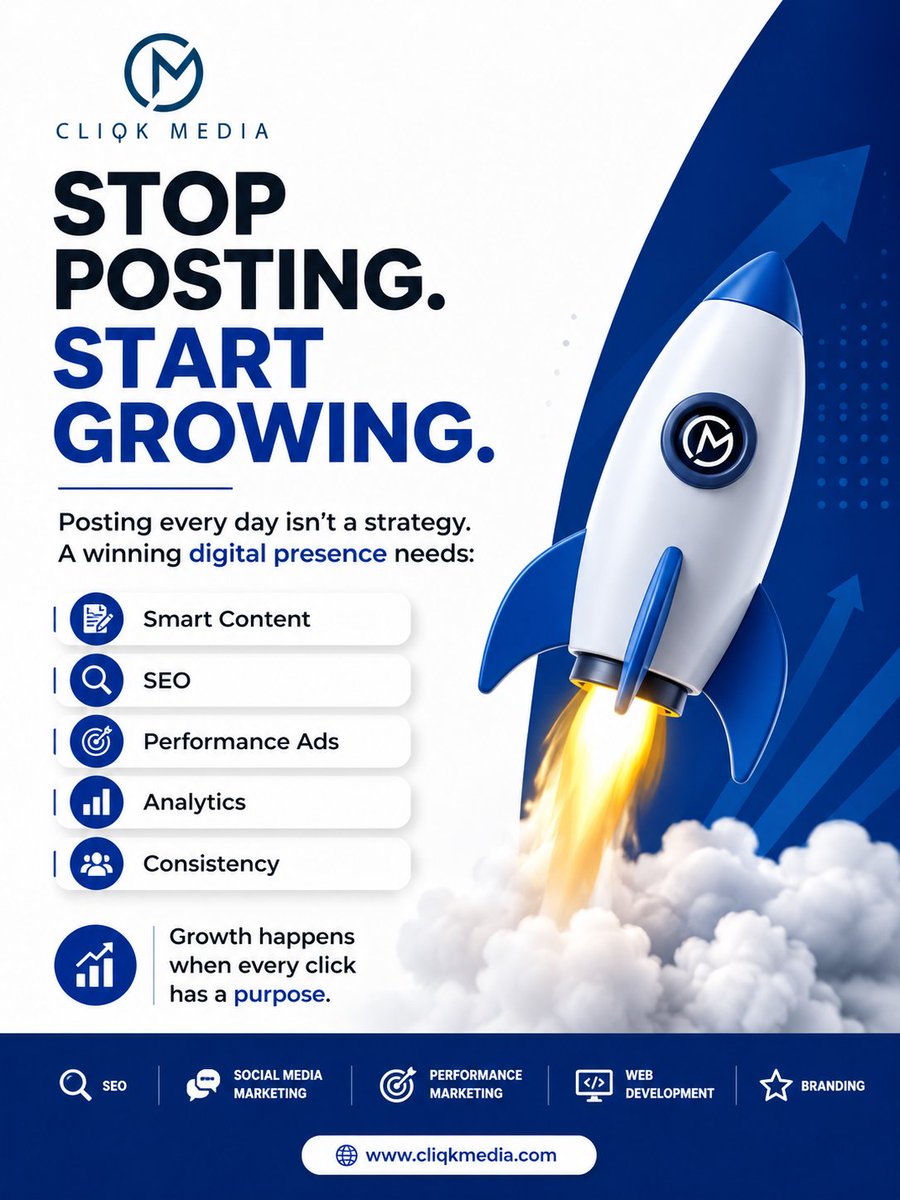 CliqkMedia's tweet photo. Stop posting. Start growing. 🚀
Content without strategy is just noise. Build a digital presence that delivers results.
#DigitalMarketing #SEO #BrandGrowth #CliqkMedia https://t.co/4RNxmCLZkP