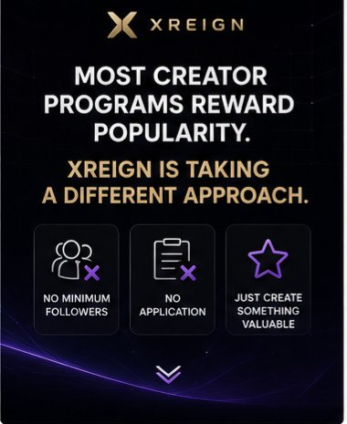 Wartesnet's tweet photo. Most creator programs reward popularity.
XREIGN is taking a different approach.
No minimum followers. No application. Just create something valuable. https://t.co/oAyfsfQa69