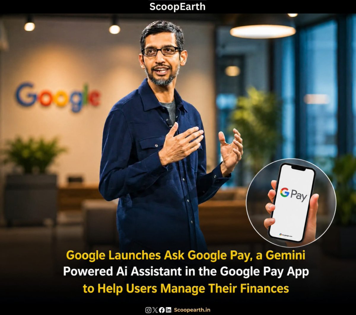 Scoopearth1's tweet photo. @Google brings Gemini-powered finance assistance to Google Pay with Ask Google Pay, helping users manage spending, payments, and money smarter. A step toward AI-driven personal finance. #Google #GooglePay #GeminiAI #FinTech #AI #scoopearth https://t.co/tRPv1hZlPi