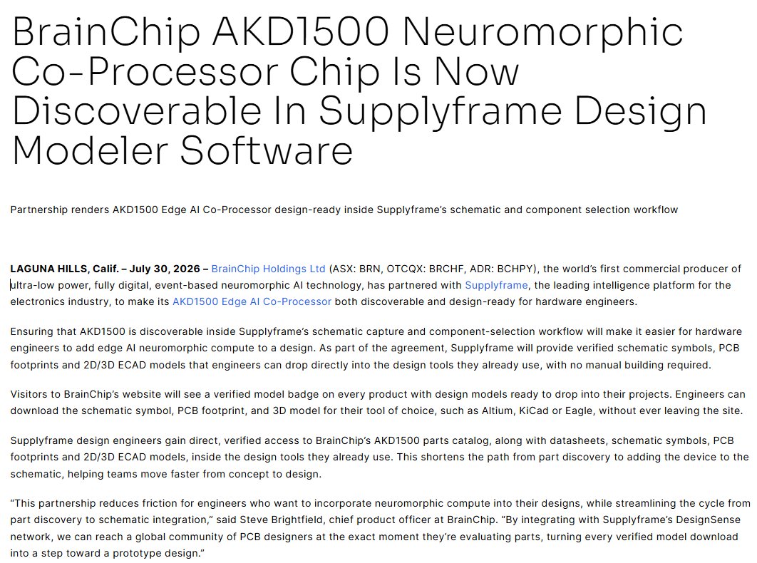MIAM_Schwan's tweet photo. 🥳
BrainChip has partnered with Supplyframe, the leading intelligence platform for the electronics industry, to make its AKD1500 Edge AI Co-Processor both discoverable and design-ready for hardware engineers.
@BrainChip_inc #Akida #Supplyframe 
https://t.co/Qt4OkPE7Vn https://t.co/Q2YWytyqFP