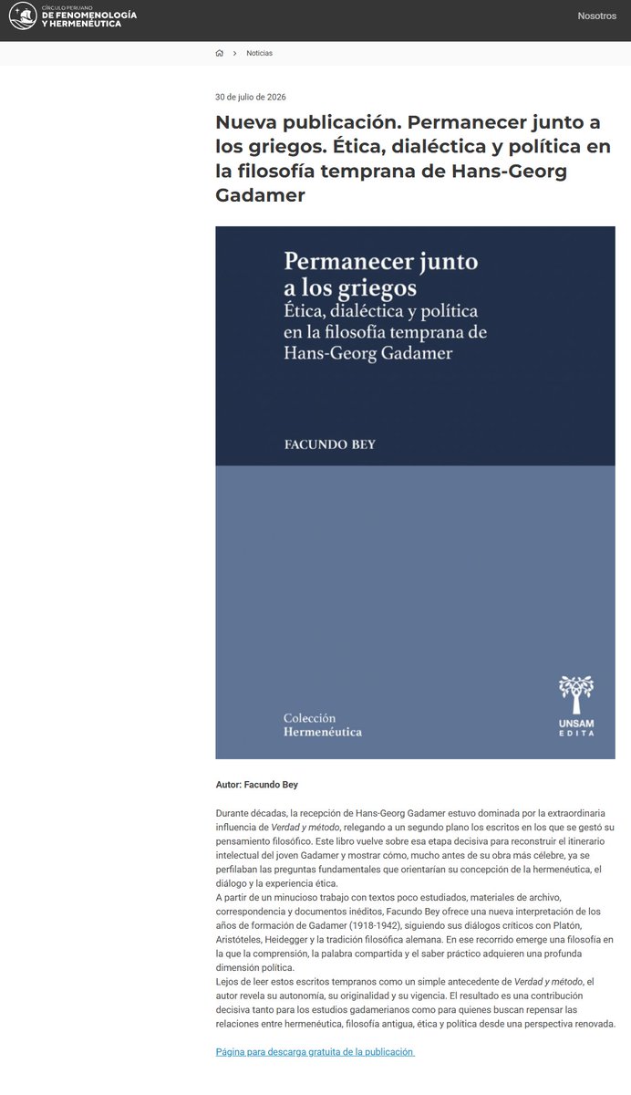 BeyFacundo's tweet photo. ¡Gracias por la difusión al Círculo Peruano de Fenomenología y Hermenéutica!

https://t.co/yuGA8Ol83W

#Gadamer #HermenéuticaFilosófica #PhilosophicalHermeneutics #FilosofíaAntigua #AncientPhilosophy #Fenomenología #Philosophie  #PhilosophischeHermeneutik #UNSAM #openaccess https://t.co/JFEiEhNAjp
