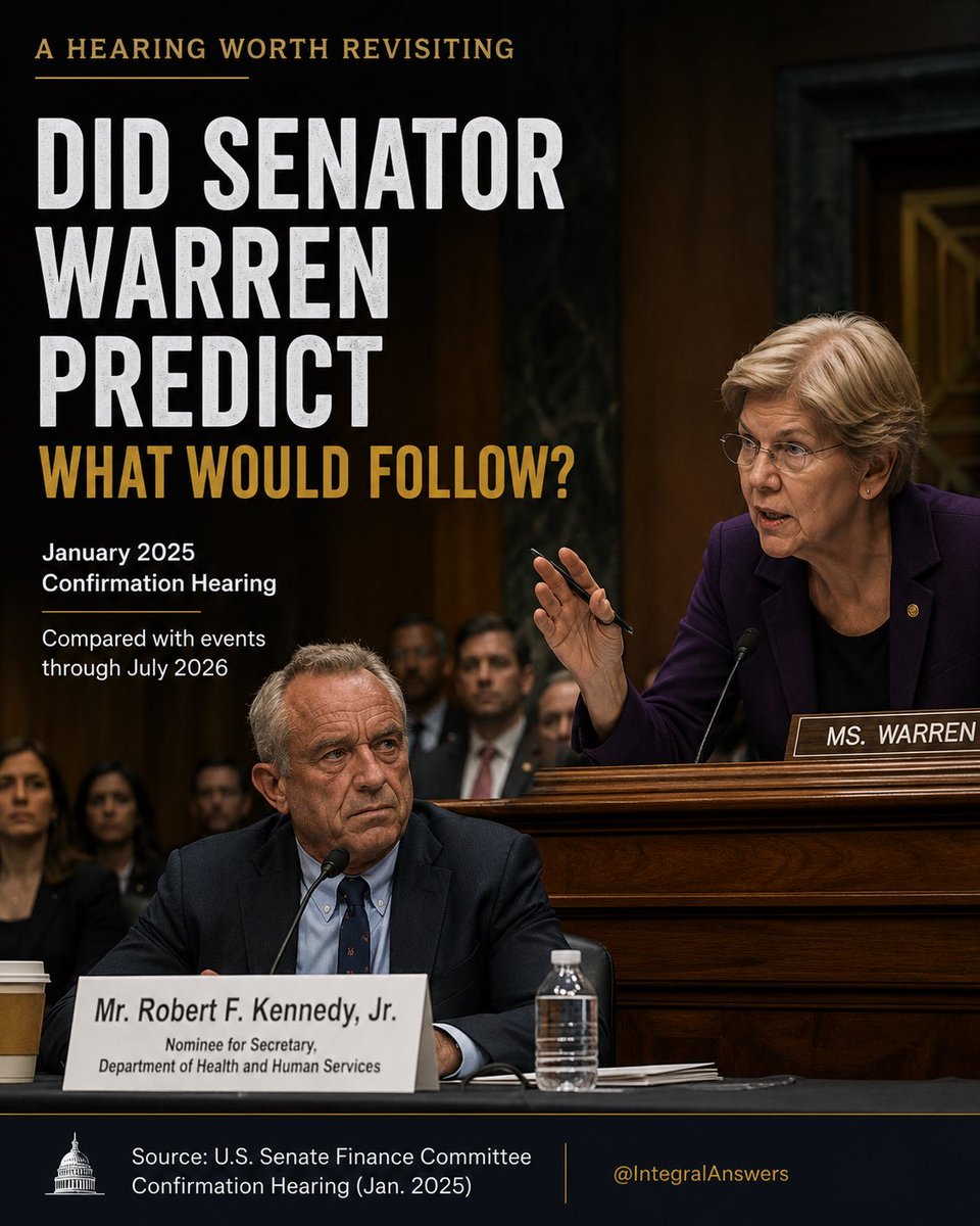 IntegralAnswers's tweet photo. 1/ In January 2025, Senator Elizabeth Warren questioned Robert F. Kennedy Jr. during his confirmation hearing for Secretary of Health and Human Services.

Her central concern was unusually specific:

Could Kennedy use the powers of HHS to reshape vaccine policy—and thereby increase the value of vaccine litigation from which he or his family might later benefit?

Eighteen months later, we can compare her predictions with what actually happened.
@SenWarren