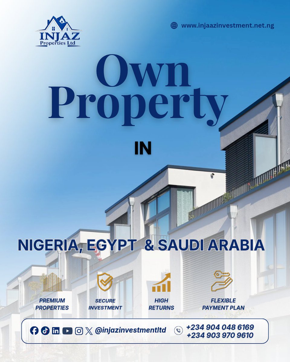 injazinvestment's tweet photo. Own Property Across Borders with INJAZ.

From Nigeria to Egypt and Saudi Arabia, we make premium real estate investment simple, secure, and rewarding.

For enquiries: 
+234 904 048 6169
+234 903 970 9610

#INJAZInvestment #RealEstate #PropertyInvestment https://t.co/JnXosnq6Dn