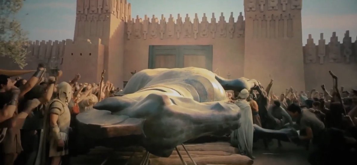 ibringyoupeace's tweet photo. In The odyssey movie, how did the Trojan horse fit through the gate of Troy?? https://t.co/f2n3K06GS3