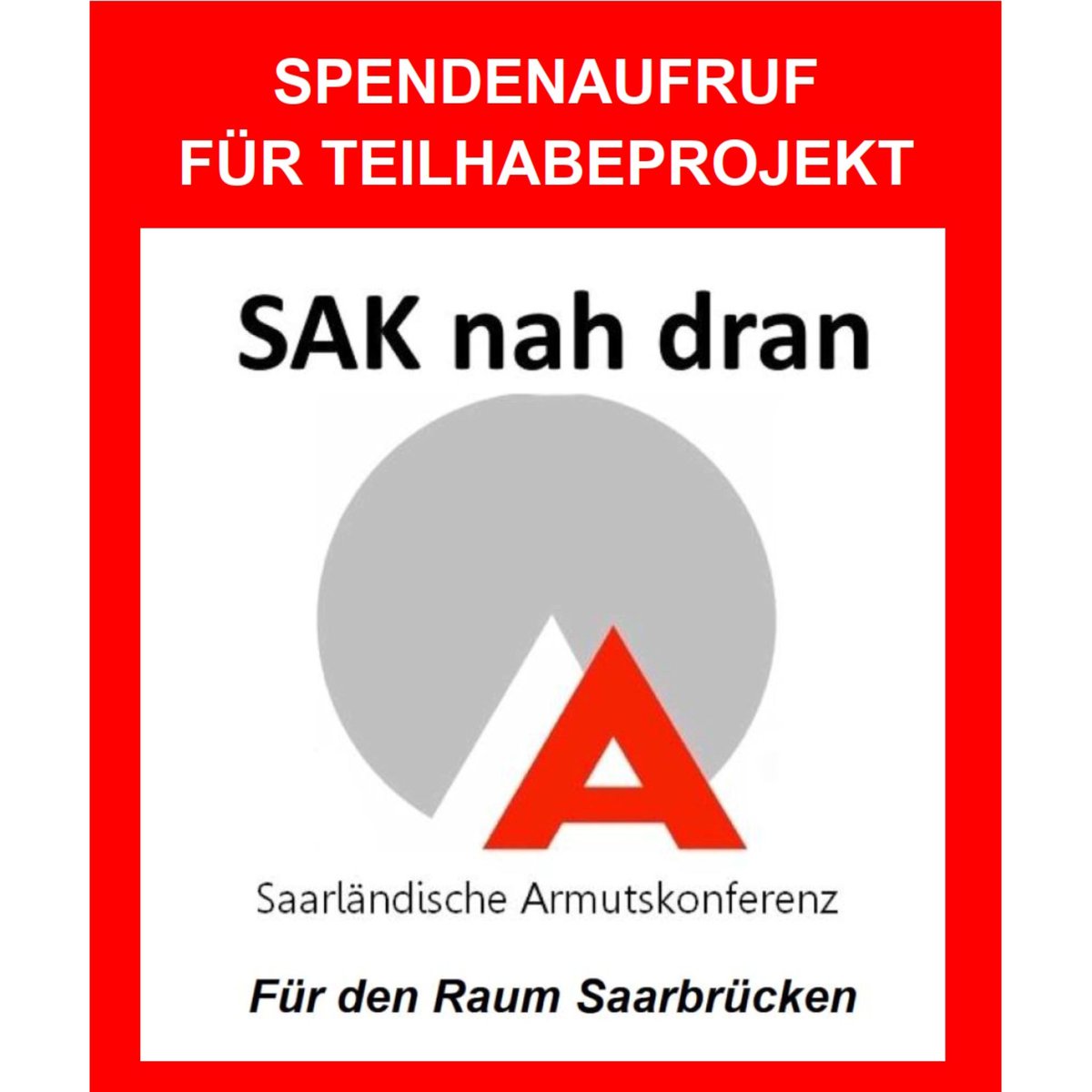 SAK_eV's tweet photo. SAK bittet um Spenden für das Teilhabe-Projekt „SAK nah dran - Raum Saarbrücken“
https://t.co/rhtQxTHrRs
#SAK
#SaarländischeArmutskonferenz
#SAKNahdran
#TeilhabeFürAlle
#Selbstorganisation
#StimmeGeben
#ArmutErfahrenArmutÜberwinden
#Saarbrücken
#Saarland
#SozialengagementSaarland https://t.co/xNWvtG6tTk