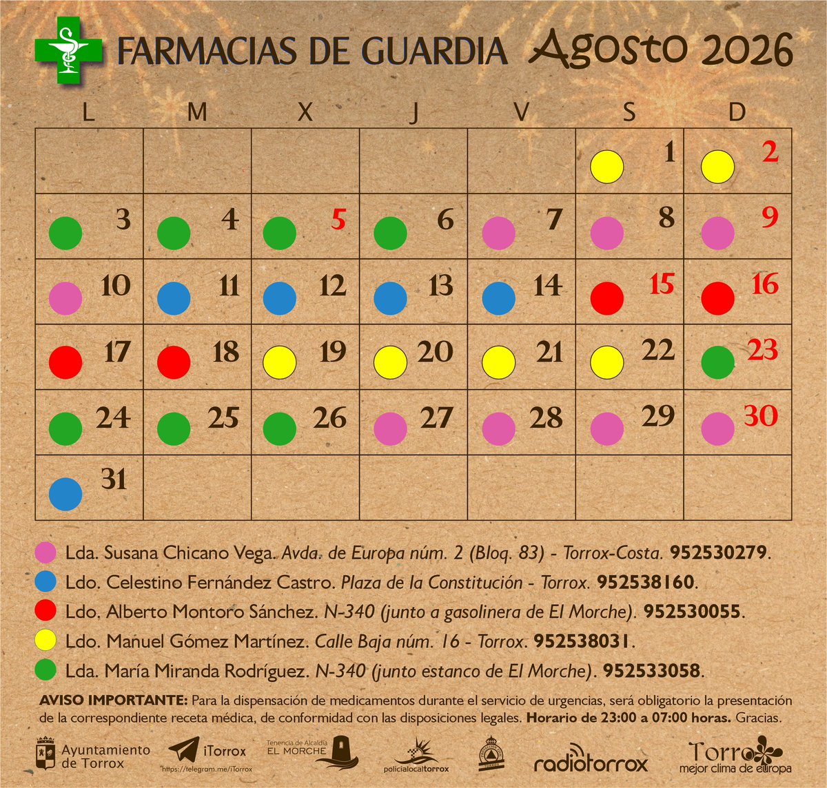 Ayto_Torrox's tweet photo. Farmacias de guardia. 
Agosto 2026.  
Municipio de Torrox https://t.co/cMI7roolso