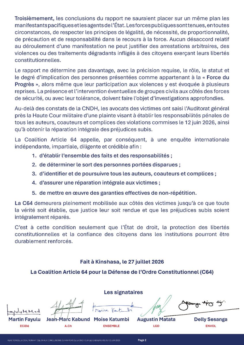MartinFayulu's tweet photo. La CNDH-RDC a publié un rapport fantaisiste destiné à blanchir les responsables des violences commises lors du sit-in du 12 juin 2026 au Palais du Peuple. La vérité ne sera pas étouffée : nos avocats ont saisi l’Auditorat général près la Haute Cour militaire afin que les responsabilités soient établies. Nous exigeons une enquête réellement indépendante.