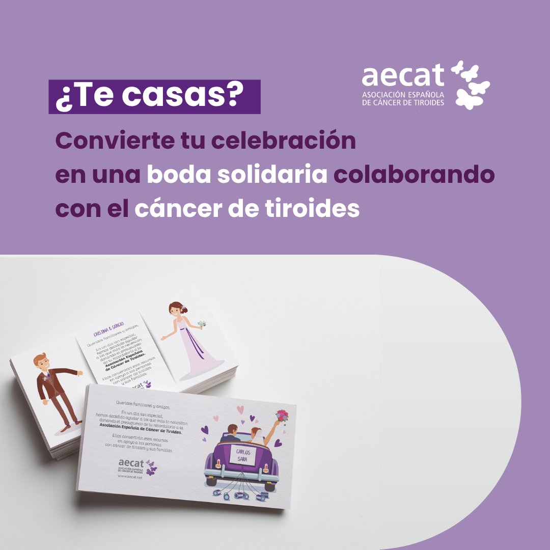 aecat_es's tweet photo. ¿Te casas?💍
👉En #AECAT te proponemos convertir tu boda en un evento solidario.
Con nuestras #TarjetasSolidarias podrás sustituir el tradicional detalle para los invitados por un gesto con impacto, dando visibilidad al #CáncerDeTiroides💪
📢Escríbenos a comunicacion@aecat.net https://t.co/9UWwplzn0d