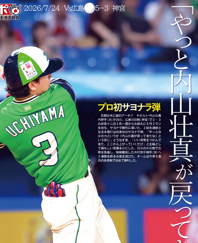 sanspoTYOeditor's tweet photo. 【サンスポEXTRAスワローズ版】
「やっと内山壮真が戻ってきたな」

自身初となる延長十二回サヨナラホームランを放った #内山壮真 選手を特別レイアウトのコンビニプリントで

【全２種】きょうから発売！！
#swallows
全国のコンビニマルチコピー機で🖨二次元コードやコンテンツ番号でも簡単に購入できます
詳しくはプロフィール欄のURLから