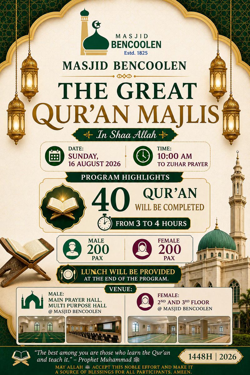 Masjidbencoolen's tweet photo. #masjidbencoolensingapore #bencoolenmasjid #bencmasjid #Shaban #nisfusyaaban #ramadan2025 #Ramzan #Ramadan #madrasah #sahabah#madrasa #madrasahlebihbaikmadrasah #arafah #arafat #arafahday #eiduladha #eidspecial #muharram2025 #ashura #muslim#raeding #ramadan2026#MOULID#MAULOD https://t.co/40RVuKkOWz
