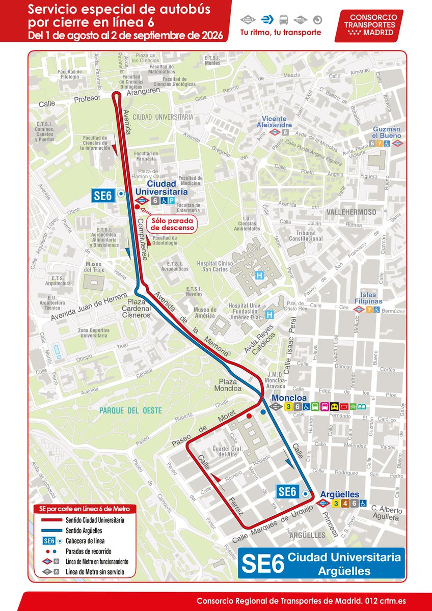 metro_madrid's tweet photo. 🚧 RECUERDA:

➡️ Del 1 de agosto al 2 de septiembre permanecerá cerrado el tramo de L6 entre Argüelles y Ciudad Universitaria por trabajos de renovación y automatización.

➡️ Del 2 al 28 de agosto se interrumpirá el servicio en L7 entre Gregorio Marañón y Pitis por trabajos de mejora en las instalaciones. 

🚌 Se habilitarán servicios gratuitos de autobuses sustitutivos en los tramos afectados.

ℹ️ Toda la info: https://t.co/25yVWaxFFi

#TrabajamosParaTi