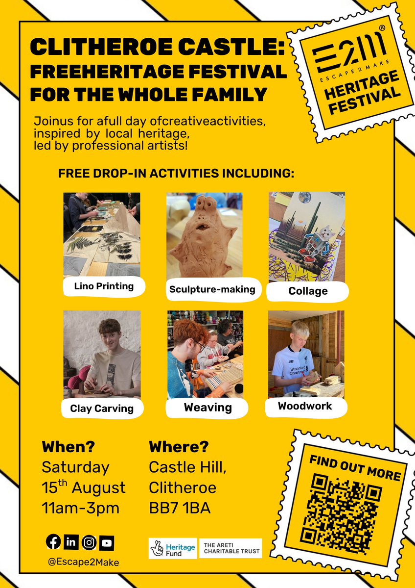 LancsMuseums's tweet photo. Join Escape2Make at #ClitheroeCastle Sunday 15 August 11 to 3pm for a full day of free creative activities inspired by local heritage and led by young professional artists. Young people aged 11 to 18 can take part in a variety of creative workshops⬇️
https://t.co/BnYdIkZSyC https://t.co/z1ukziZxsM