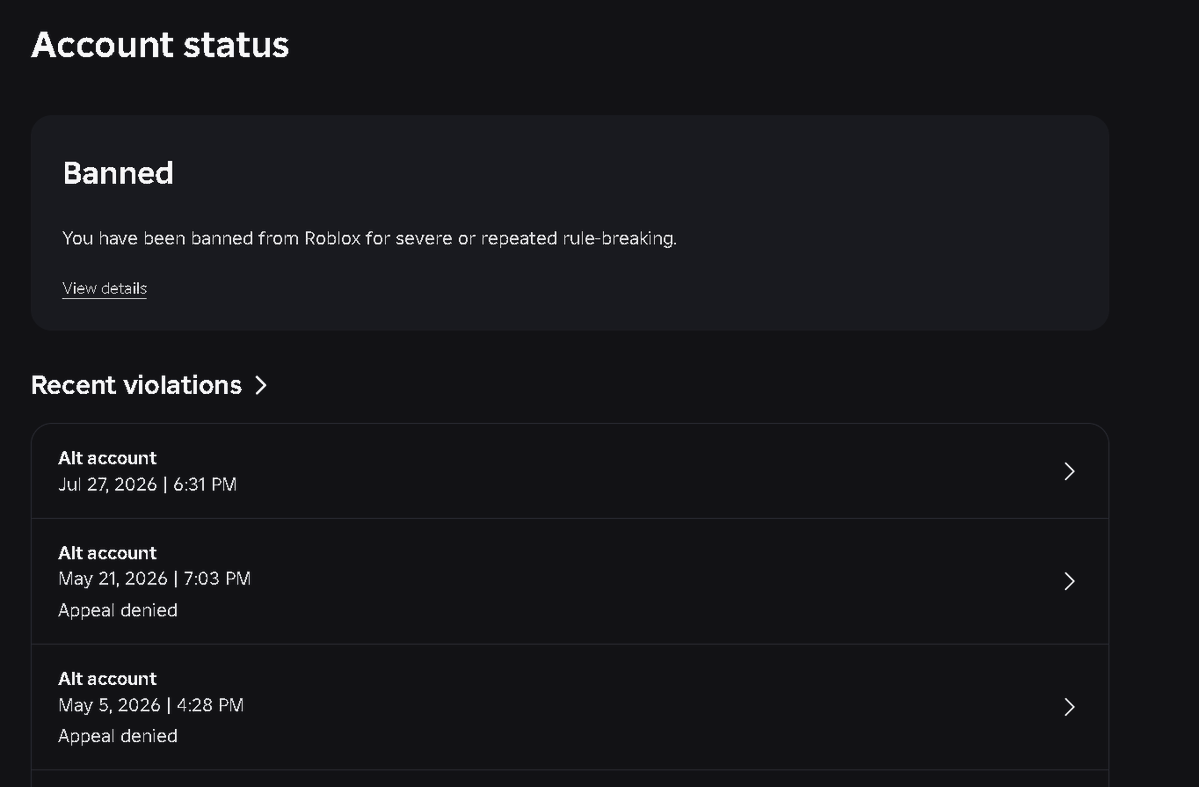 b_birdee's tweet photo. Hello, I kindly request for a human review, or roblox to respond to this post, I've seen you've helped someone with their asset, so hopefully you might consider help me.

I've been banned for almost 3 months, because it said my account was banned due to repeated or serious rule breaking. Not only is it a false ban, but now there are 3 alt accounts that roblox says that are linked to me, I don't know what to do.

All my appeals get automatically rejected with 5-10 minutes, I never gotten human support before the 30 day window, this is getting out of hand. If you can review this, or message me via twitter that would mean a lot, I can provide any information needed, I do not want to lose this account, please repost to gather attention of roblox

#roblox  @Roblox #roblox @KreekCraft