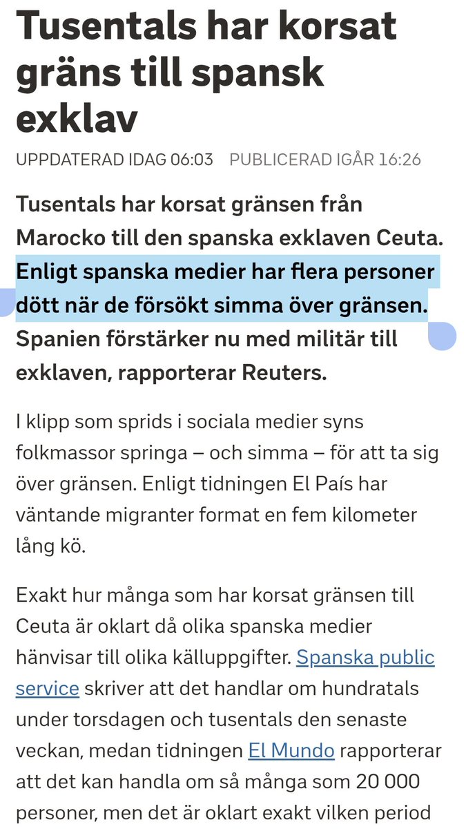 PolitikKlipp's tweet photo. SVT rapporterar om situationen på Ceuta med fokus på att flera personer drunknat under invasionen. 

Är det verkligen det viktiga här? https://t.co/cxvQAhnnmD