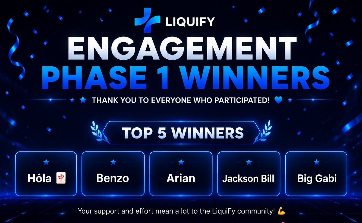 LiquifyDao's tweet photo. 🏆 LiquiFy Community Engagement Campaign – Results

A huge thank you to everyone who participated 💙

After reviewing all submissions, we noticed that no single participant dominated every category.

📌 We evaluated based on:
✅ Quality engagement replies/quotes under major KOLs, exchanges, or crypto projects

✅ Promotion across Telegram communities, Reddit, CMC & forums

⚠️ Not just posting repeatedly on a personal X timeline with limited reach

To keep the results fair and avoid disappointing contributors who excelled in different areas, we've decided to split the rewards equally among our Top 5. 🤝

🏅 Top 5 Contributors
🥇 https://t.co/YLKaUIFfDG
🥇 https://t.co/aw3YoOYAbj
🥇 https://t.co/sUf0gTk2Tf
🥇 https://t.co/5ulkiZOKKZ
🥇 https://t.co/gcEShMY1kp

Congratulations 🎉 
Winners are requested to submit their Bep20 address to @Chriss_LiquiFy on telegram