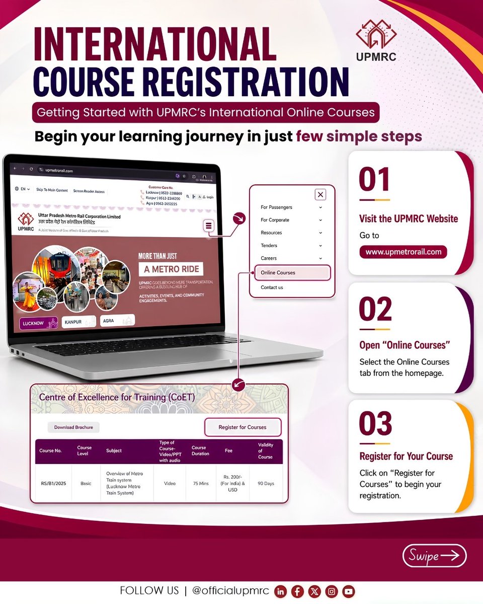 OfficialUPMetro's tweet photo. UPMRC's International Online Certification Courses offer globally recognised learning through the Centre of Excellence & Training. Designed for learners from India and abroad, these specialised courses provide the knowledge and skills.
#UPMRC #CentreOfExcellence #OnlineLearning https://t.co/enPVBRUu2O
