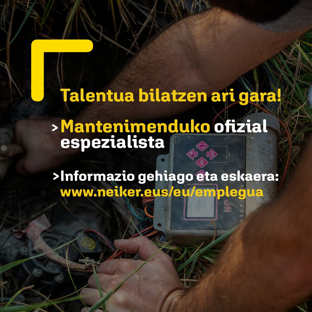 neiker_BRTA's tweet photo. Mantentze Lanetako Ofizial Espezialista bila gabiltza! 🛠️🌱

Azpiegituren mantentze-lanak, automatizazioa eta elektrizitatea nekazaritzako berrikuntza ingurune batean.

📩 Xehetasunak eta izen-ematea: 👉 https://t.co/kYfkmggiAD

#LanEskaintza #NEIKER https://t.co/p1RJYAHWXK