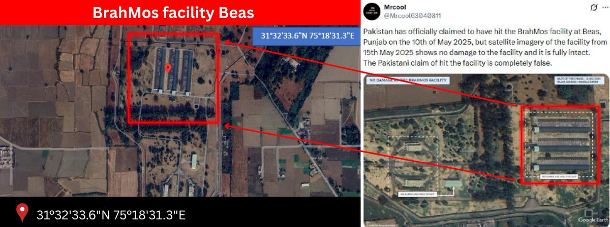 osintwarnews's tweet photo. The BrahMos storage facility in Beas, India. This facility was struck in May 2025 using precision-guided Fatah-1 and Fatah-2 missiles, supported by loitering munitions, resulting in significant damage.
Coordinates: 31°32'33.6"N 75°18'31.3"E
#India #OSINT #Intel #Pakistan #GeoINT #SatelliteImagery #IAF
@MalcontentmentT @AllSourceA @DailyDarkWeb @DailyDarkWeb @akaclandestine @WindwardAI @Defense_Talks @techniquesOsint @FaytuksNetwork @FaytuksNetwork @MT_Anderson
