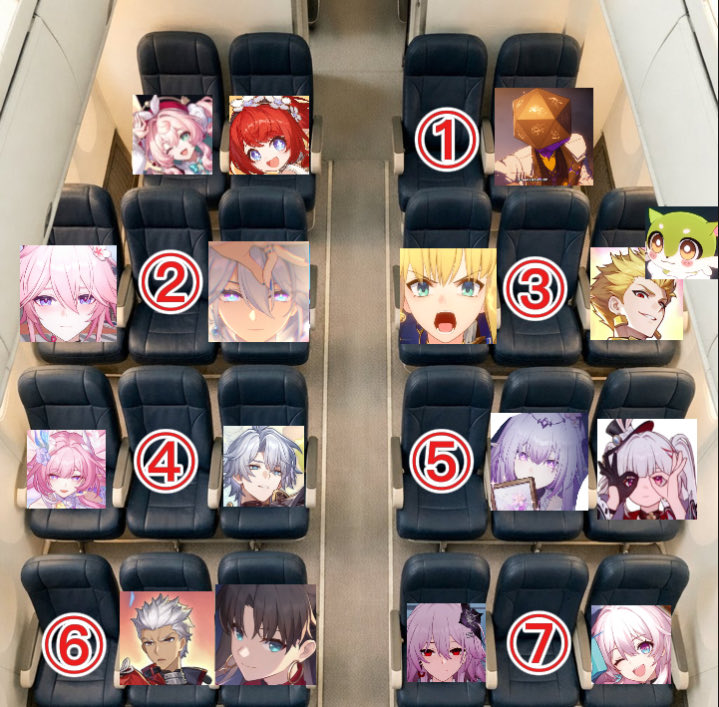 Nakir1_XeNo's tweet photo. このメンツで4時間一緒にフライト
①〜⑦番までの席がある

みんなならどこに座る？ https://t.co/qqMOfeIvAB