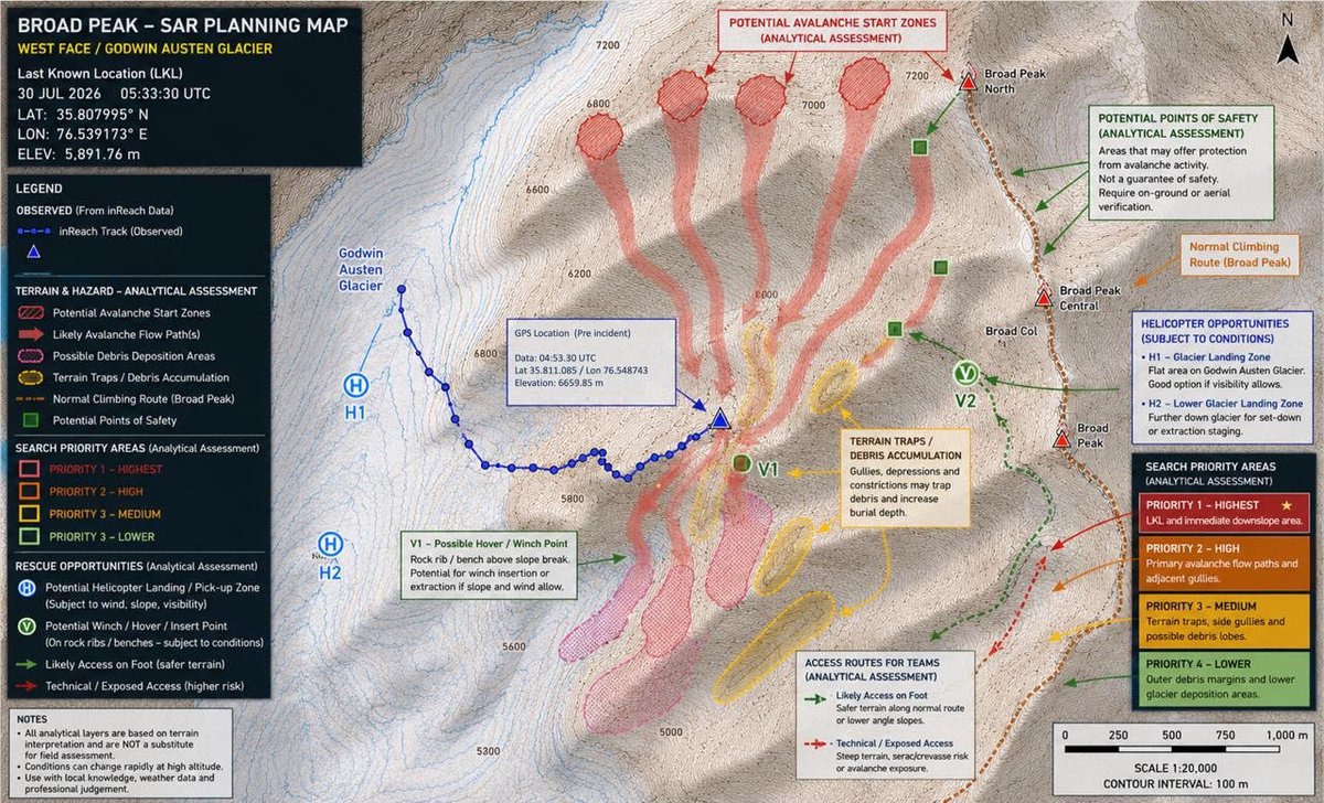 EverestChron's tweet photo. Rescue Plan map for missing climbers in Broad Peak shared by the rescue and expedition organizer team. Nimsdai's fall and possible location as mapped in Google terrain map. https://t.co/szbX7gVP0g
