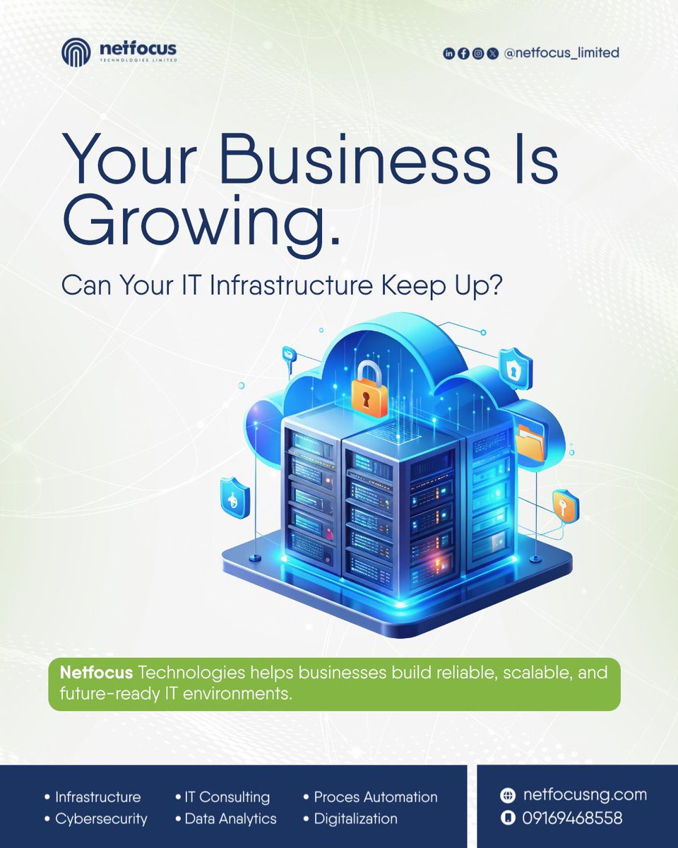 netfocuslimited's tweet photo. At NetFocus Technologies, we help organisations modernise their IT environments with infrastructure designed to scale, adapt, and support future business objectives.

Are you ready to upgrade your infrastructure? Let’s talk: info@netfocusng.com

#digitalinfrastructure #lnetfocus https://t.co/nUzNjYA803