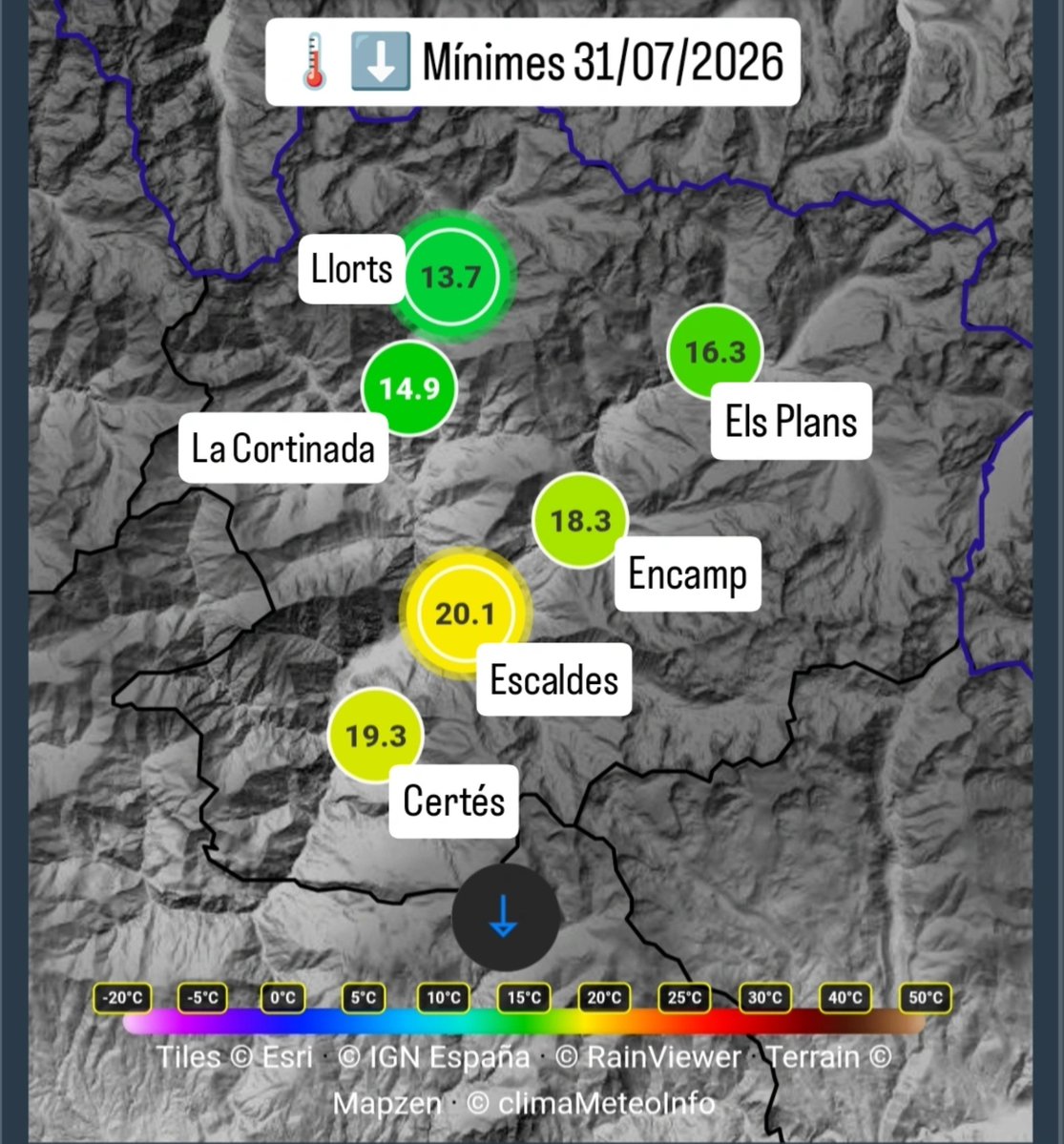 VisualMeteo's tweet photo. 🥵⚠️ Nit extremadament càlida al Principat d'Andorra.

☝🏼 L'estació de @MeteoAnd_OECC situada a Coll Pa (2.280m) ha tingut una nit tropical amb 🌡️⬇️ 20.4°C.

☝🏼 A #VisualMeteo primera nit tropical de l'any a #Escaldes 🌡️⬇️ 20.1°C. https://t.co/y7KGzgfOI3