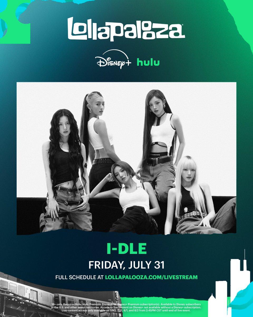 official_i_dle's tweet photo. Watch our performance live from @lollapalooza on @DisneyPlus and @hulu at 3:05 PM CT. Visit https://t.co/46PBIA1TfD to tune in!

#아이들 #idle
#Lollapalooza #Lolla https://t.co/jFOSpgRqOC